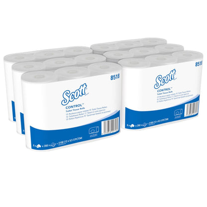 Six paquets de papier toilette Scott® Control™ de Kimberly-Clark GmbH avec chacun six petits rouleaux blancs (350 feuilles par rouleau) sont disposés sur un fond uni blanc pour souligner l'hygiène et la propreté.