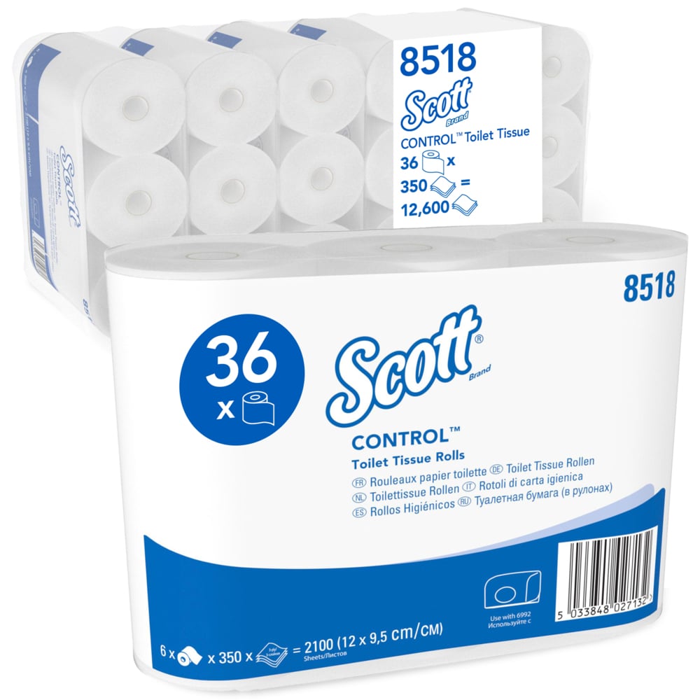 Un paquet de papier toilette Scott® Control™ de Kimberly-Clark GmbH contient 6 paquets de 6 rouleaux blancs de 350 feuilles chacun ; l'emballage met en avant l'hygiène et présente les détails du produit.