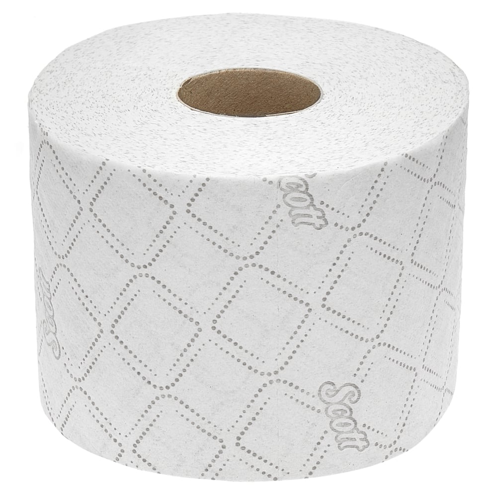 Papier toilette Scott® Control™ de Kimberly-Clark GmbH : 6 paquets de 6 rouleaux blancs de 350 feuilles, motif diamant, impression "Scott", pour le confort et l'hygiène. Photographié non utilisé sur fond blanc.