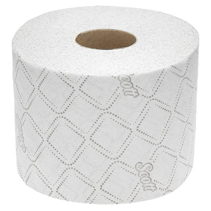 Papier toilette Scott® Control™ de Kimberly-Clark GmbH : 6 paquets de 6 rouleaux blancs de 350 feuilles, motif diamant, impression "Scott", pour le confort et l'hygiène. Photographié non utilisé sur fond blanc.