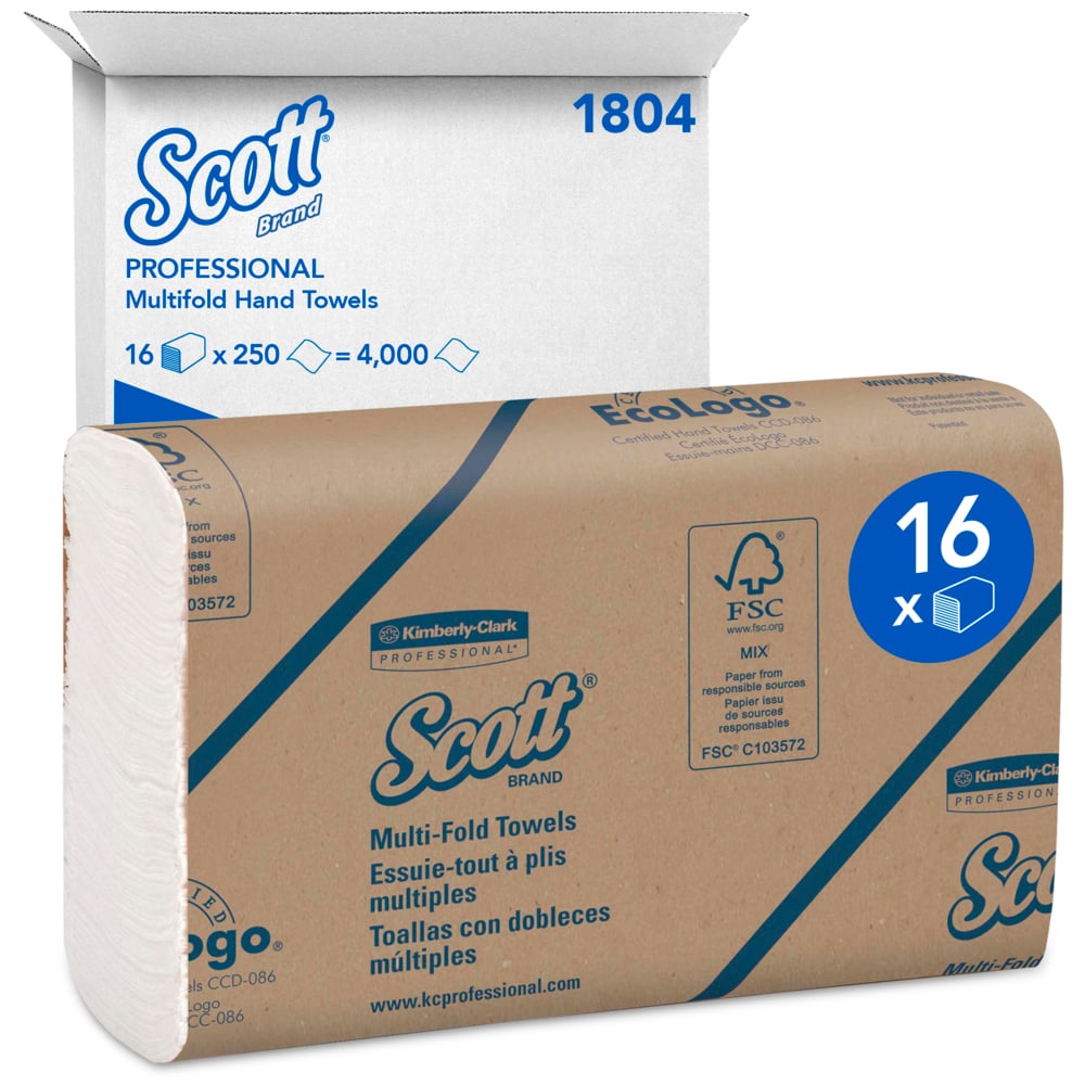 Une boîte d'expédition blanche avec l'inscription "Scott® Serviettes - MultiFold / Blanc" de Kimberly-Clark GmbH contient 16 paquets de 250 feuilles chacun (soit un total de 4 000 serviettes) et offre un séchage des mains hygiénique dans un multipack pratique.