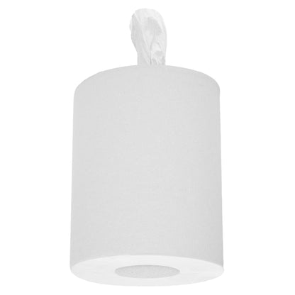 Un rouleau unique d'essuie-tout WypAll® L10 de Kimberly-Clark GmbH pour distribution centrale (Blanc) avec une feuille retirée. Convient pour le nettoyage dans les services & le commerce de détail. Fond blanc simple.