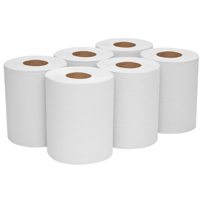Six rouleaux de papier essuie-tout WypAll® L10 de Kimberly-Clark GmbH, disposés en deux rangées de trois sur un fond blanc, chacun avec un noyau brun pour la distribution centrale - idéal pour le nettoyage dans les services & le commerce de détail (6 rouleaux x 390 feuilles).