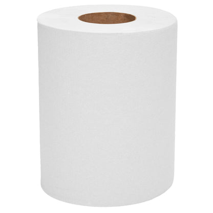 Un rouleau unique d'essuie-tout WypAll® L10 (Blanc) de Kimberly-Clark GmbH avec un noyau brun, sur un fond blanc - idéal pour le nettoyage dans les services & le commerce de détail avec distribution centrale; la boîte contient 6 rouleaux de 390 feuilles.