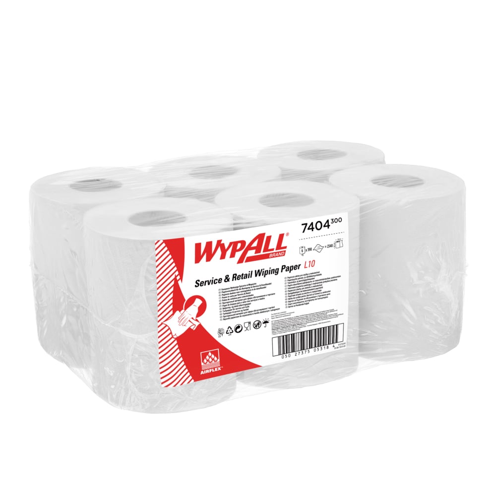 Un pack de six essuie-tout WypAll® L10 de Kimberly-Clark GmbH, 6 rouleaux de 390 feuilles pour distribution centrale, idéal pour le nettoyage dans les services & le commerce de détail - blanc, dans une boîte avec détails du produit.