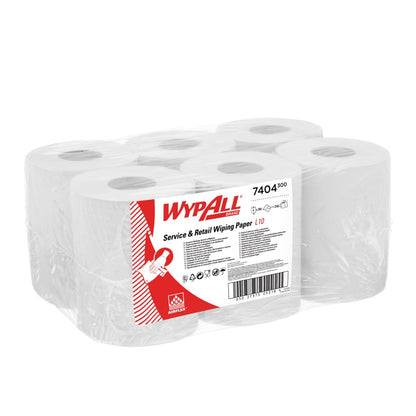 Un pack de six essuie-tout WypAll® L10 de Kimberly-Clark GmbH, 6 rouleaux de 390 feuilles pour distribution centrale, idéal pour le nettoyage dans les services & le commerce de détail - blanc, dans une boîte avec détails du produit.