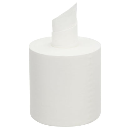 Gros plan d'un rouleau WypAll® Wettask™ PowerClean non utilisé (Blanc, 6 recharges × 60 feuilles | Carton) de Kimberly-Clark GmbH, avec une feuille tirée - idéal pour le nettoyage professionnel, présenté verticalement sur un fond blanc simple.