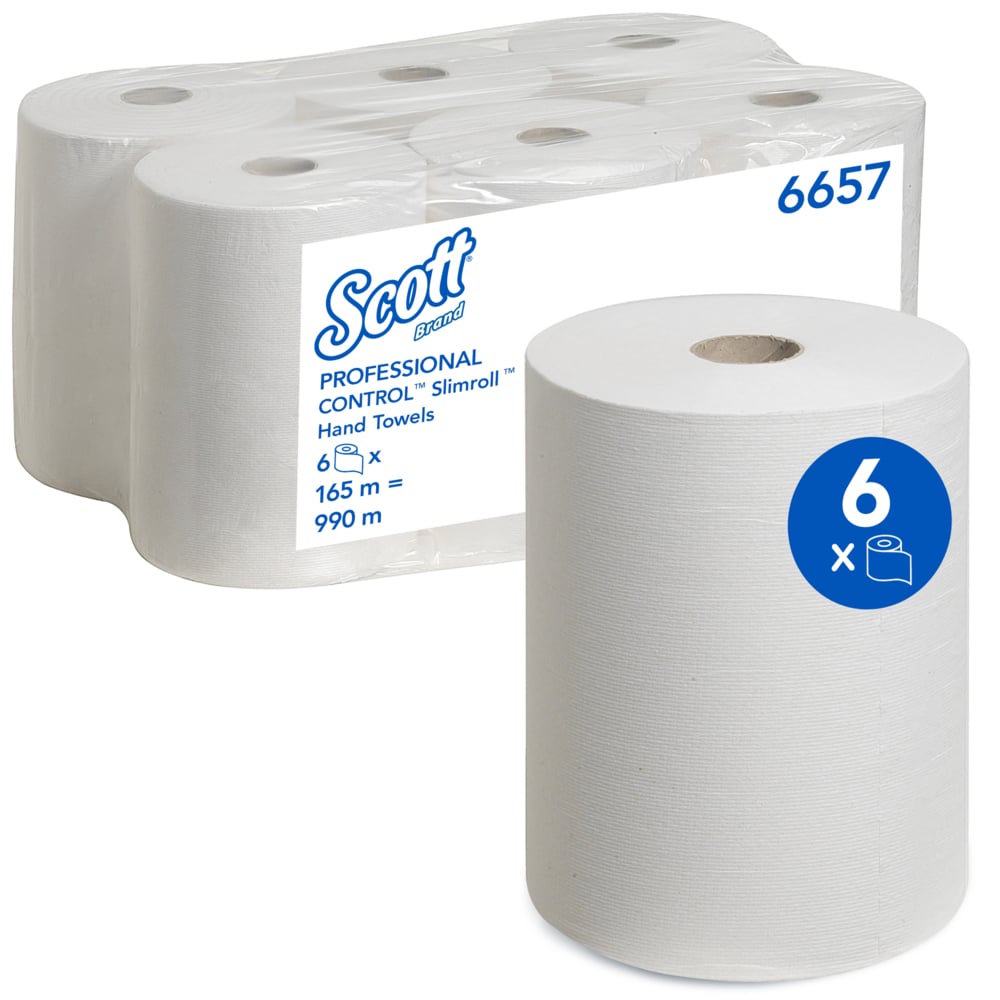 Un carton contenant six rouleaux de serviettes Scott® Control™ Slimroll™ de Kimberly-Clark GmbH (Blanc, 6 rouleaux), avec un rouleau à l'avant, cinq rouleaux en plastique transparent et un cercle bleu avec le chiffre six sur le rouleau avant.