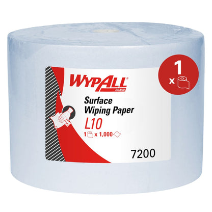 Un seul grand rouleau de papier essuie-tout WypAll® L10 pour surfaces de Kimberly-Clark GmbH (38,00 cm x 23,50 cm) avec étiquette blanche et rouge, code produit 7200, contient 1 000 feuilles pour un nettoyage efficace des surfaces.