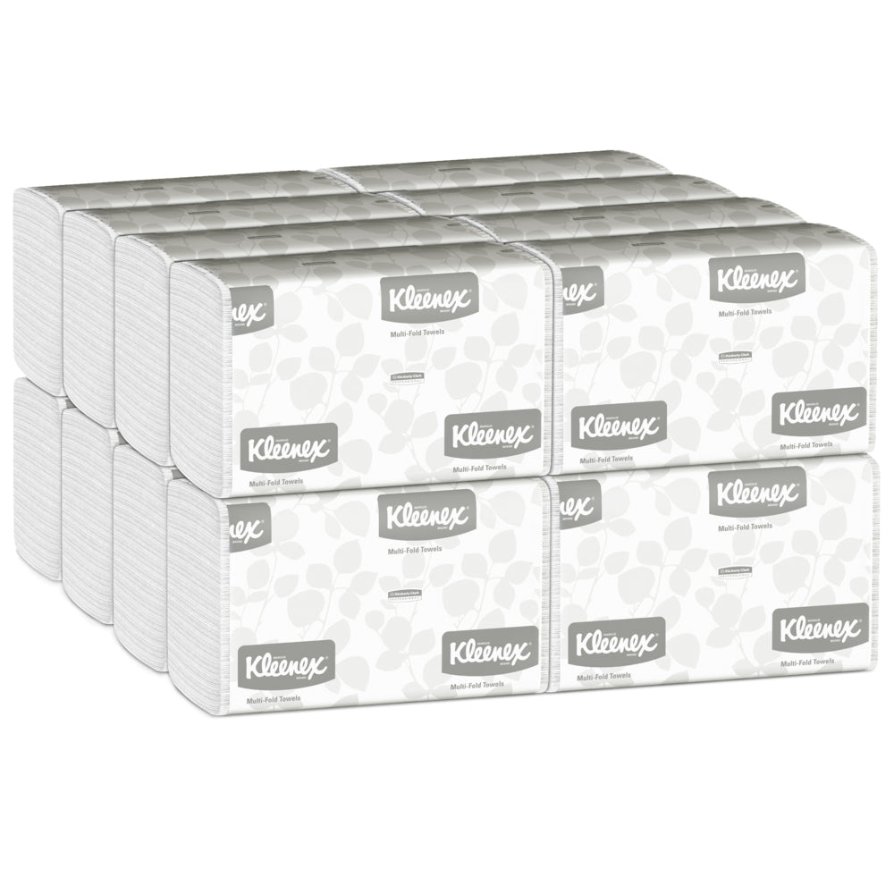 Un carton de 16 paquets de serviettes Kleenex® MultiFold Blanc, chacune avec le logo Kleenex et un motif gris clair, de Kimberly-Clark GmbH - idéal pour les salles de bain qui nécessitent des serviettes multifonctionnelles fiables (16 x 150 feuilles).