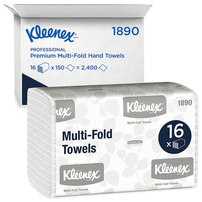 Kleenex® Serviettes - MultiFold / Blanc / Moyen de Kimberly-Clark GmbH : 16 paquets x 150 feuilles (2 400 serviettes) en carton, idéal pour les salles de bain. Emballage blanc avec inscription bleu-gris.