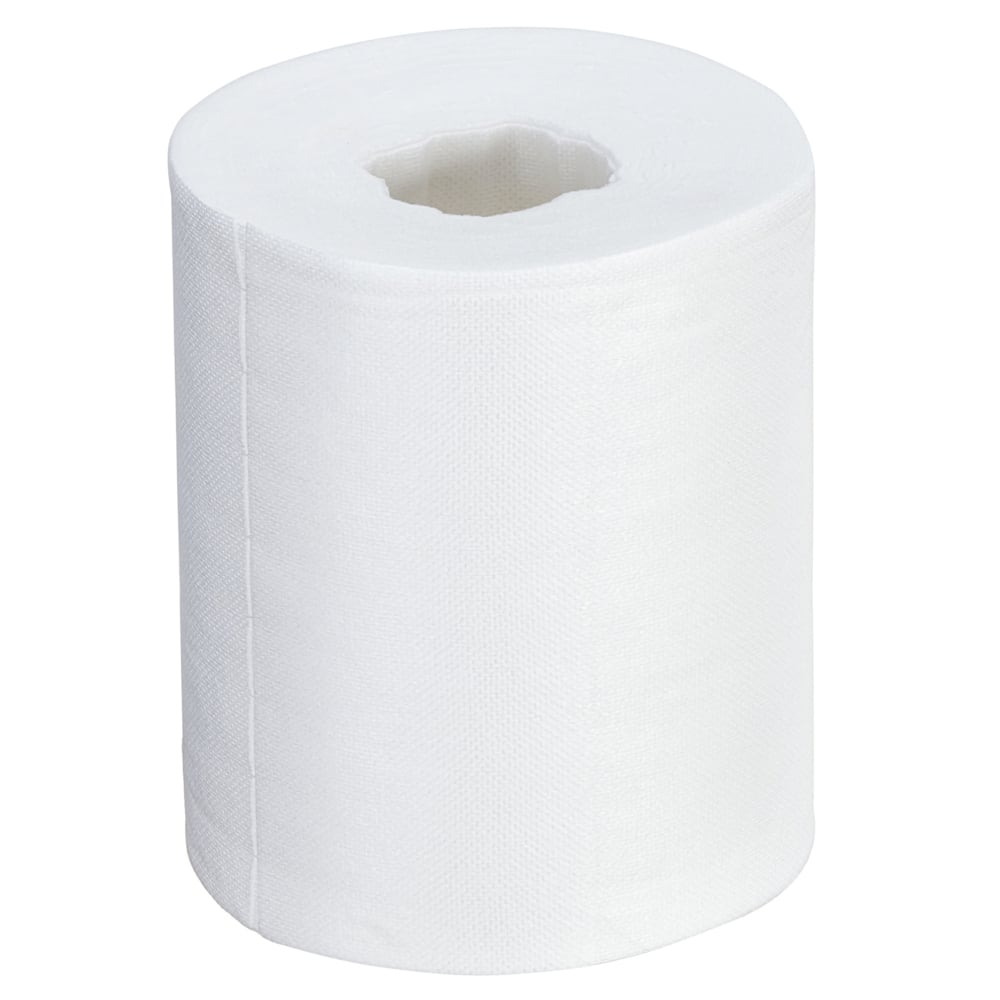 Un rouleau individuel et inutilisé de chiffons Kimtech® - Distribution centrale / Blanc de Kimberly-Clark GmbH est placé verticalement sur un fond blanc simple et dispose d'un tube en carton central visible pour une distribution facile et un nettoyage efficace.