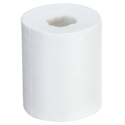 Un rouleau individuel et inutilisé de chiffons Kimtech® - Distribution centrale / Blanc de Kimberly-Clark GmbH est placé verticalement sur un fond blanc simple et dispose d'un tube en carton central visible pour une distribution facile et un nettoyage efficace.
