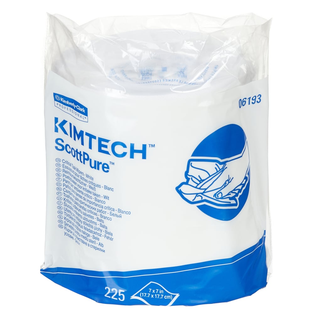 Une boîte de chiffons Kimtech® - Distribution centrale de Kimberly-Clark GmbH contient 6 rouleaux avec chacun 225 chiffons blancs, avec un marquage bleu-blanc et une illustration de main pour un nettoyage efficace.