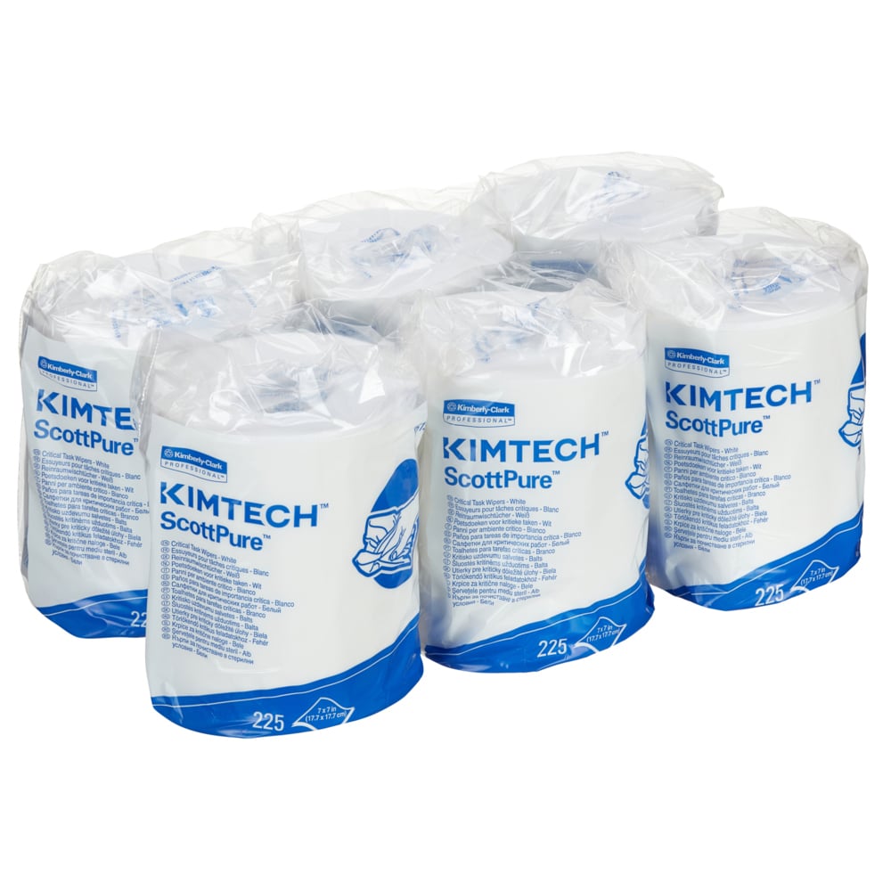 Les six rouleaux de chiffons Kimtech® - Distribution centrale de Kimberly-Clark GmbH avec chacun 225 feuilles blanches sont emballés dans un emballage en plastique transparent et munis d'étiquettes bleu-blanc montrant une image de main pour une distribution centrale efficace.