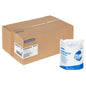 Une boîte en carton brun avec l'inscription Kimberly-Clark GmbH se tient à côté d'une boîte emballée en plastique contenant des chiffons Kimtech® - Distribution centrale (Blanc, 6 rouleaux x 225 feuilles) pour un nettoyage efficace.