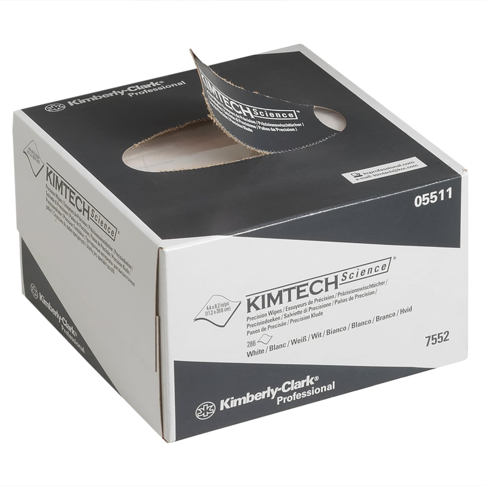 Une boîte distributrice Kimtech® Science de lingettes de précision blanche et grise de Kimberly-Clark GmbH (petite, 30 boîtes x 286 lingettes) est illustrée avec une lingette partiellement tirée, affichant la marque et les informations sur le produit.