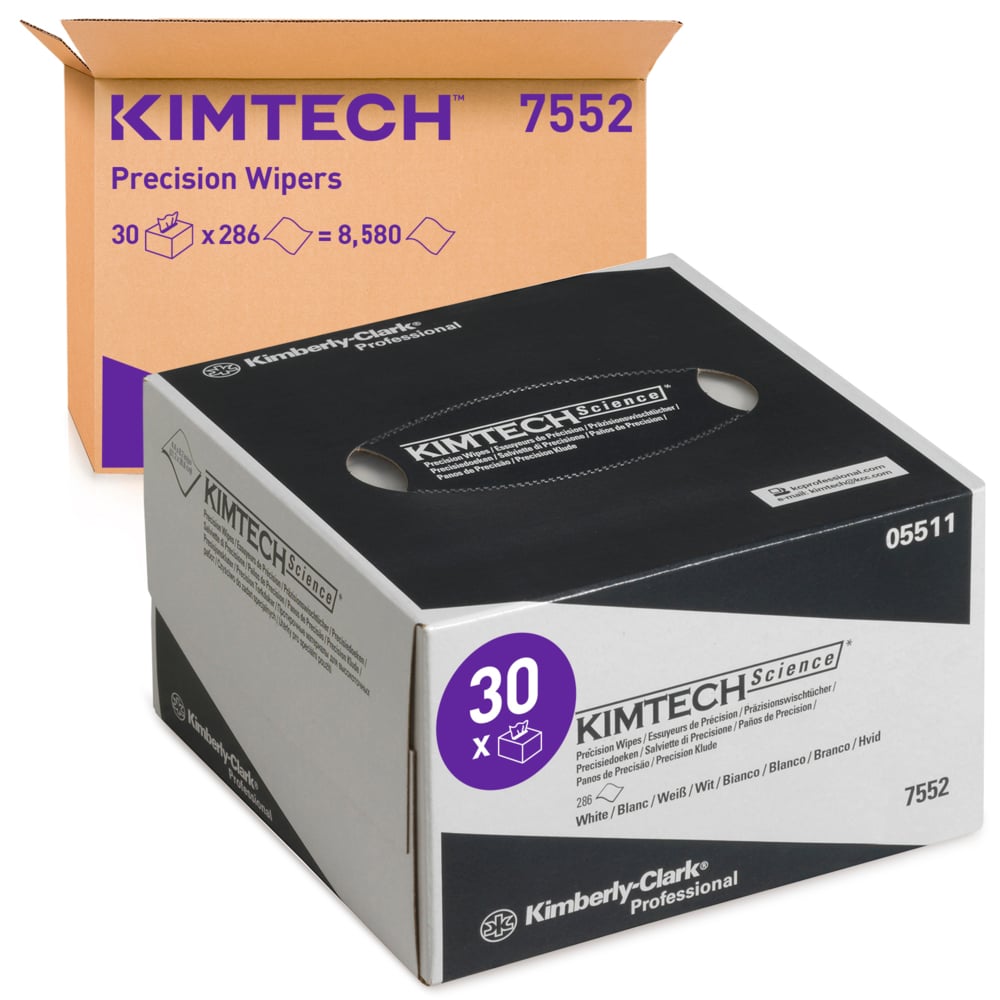 Une boîte distributrice blanche de lingettes de précision Kimtech® Science (30 boîtes x 286 feuilles) de Kimberly-Clark GmbH se trouve derrière une boîte marron. Ces lingettes sans peluches sont idéales pour les laboratoires et le nettoyage.