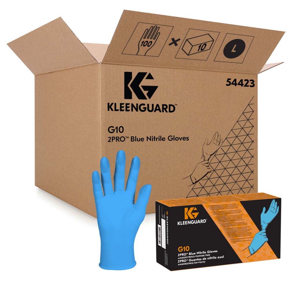 Ein großer Karton mit der Aufschrift "KleenGuard® G10 2PRO Blaue Nitril-Handschuhe - 23cm Ambidextrous" von Kimberly-Clark GmbH, mit einer Hand in einem blauen Handschuh und einem kleineren Karton davor, ideal für Chemikalienbeständigkeit und Lebensmittelverarbeitung.