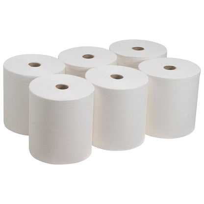 Six grandes serviettes blanches Kleenex® Ultra™ de Kimberly-Clark GmbH (6 rouleaux) sont disposées en deux rangées de trois sur un fond uni. Chaque rouleau non utilisé, idéal pour se sécher les mains de manière hygiénique, est muni d'un tube en carton central.