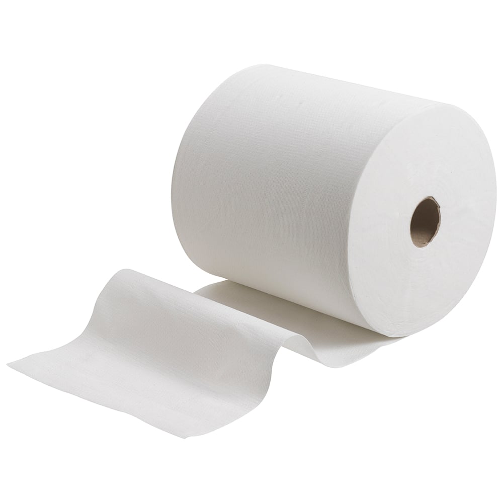 Les essuie-mains Kleenex® Ultra™ en rouleau de Kimberly-Clark GmbH, représentés ici avec des feuilles déroulées sur fond blanc, permettent de se sécher les mains de manière hygiénique. Le lot contient 6 rouleaux blancs, parfaits pour une utilisation dans les sanitaires.