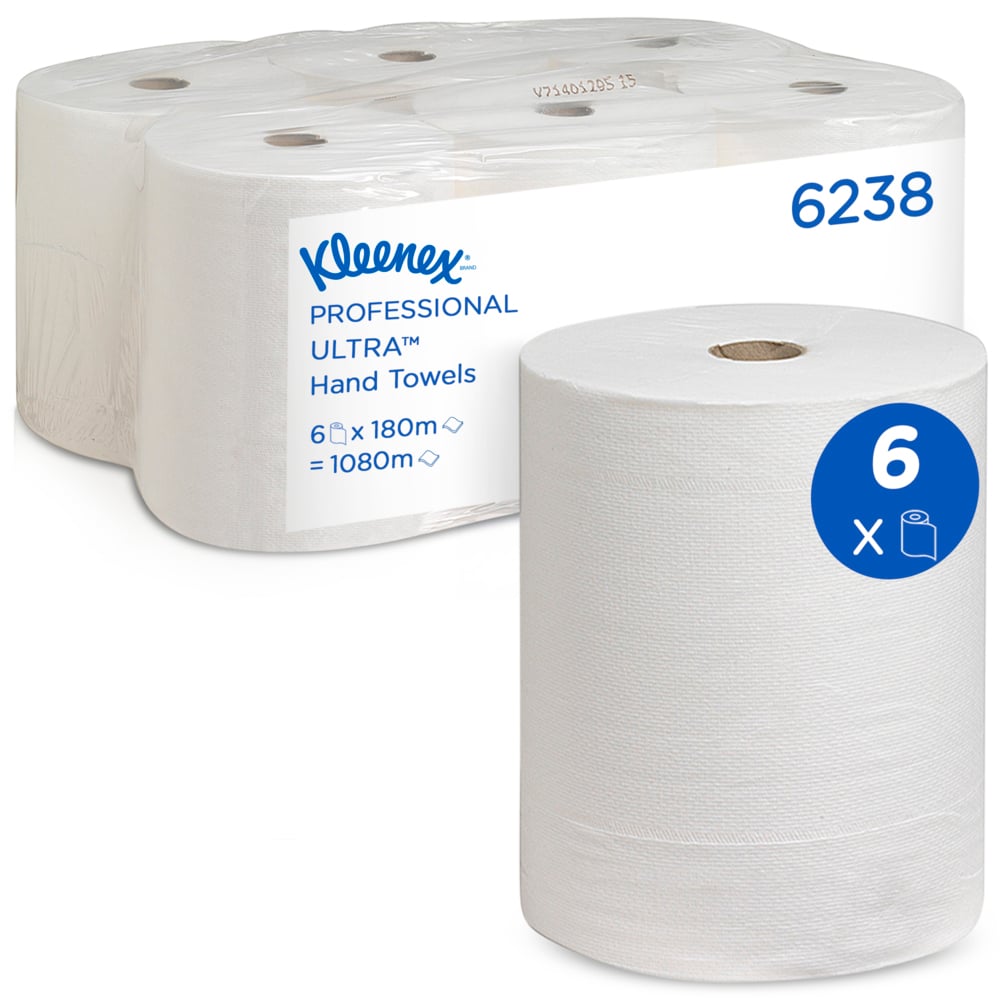 La photo représente un lot de six rouleaux de papier essuie-mains Kleenex® Ultra™ de la société Kimberly-Clark GmbH, avec un rouleau à l'avant. L'étiquette indique : 6 rouleaux par carton, d'une longueur de 180 m chacun – parfaits pour se sécher les mains de manière hygiénique – et d'une longueur totale de 1 080 m.