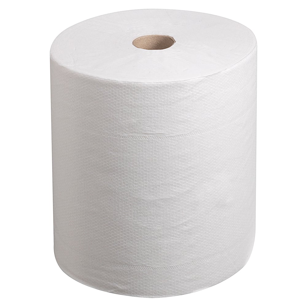 Un rouleau de papier essuie-mains Kleenex® Ultra™ de Kimberly-Clark GmbH, de couleur blanche, est présenté debout sur un fond blanc, avec son mandrin en carton marron bien visible. 6 rouleaux par carton. Idéal pour se sécher les mains de manière hygiénique.