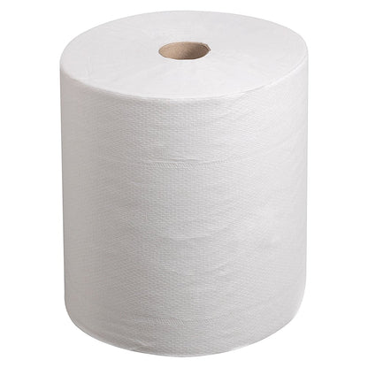 Un rouleau de papier essuie-mains Kleenex® Ultra™ de Kimberly-Clark GmbH, de couleur blanche, est présenté debout sur un fond blanc, avec son mandrin en carton marron bien visible. 6 rouleaux par carton. Idéal pour se sécher les mains de manière hygiénique.