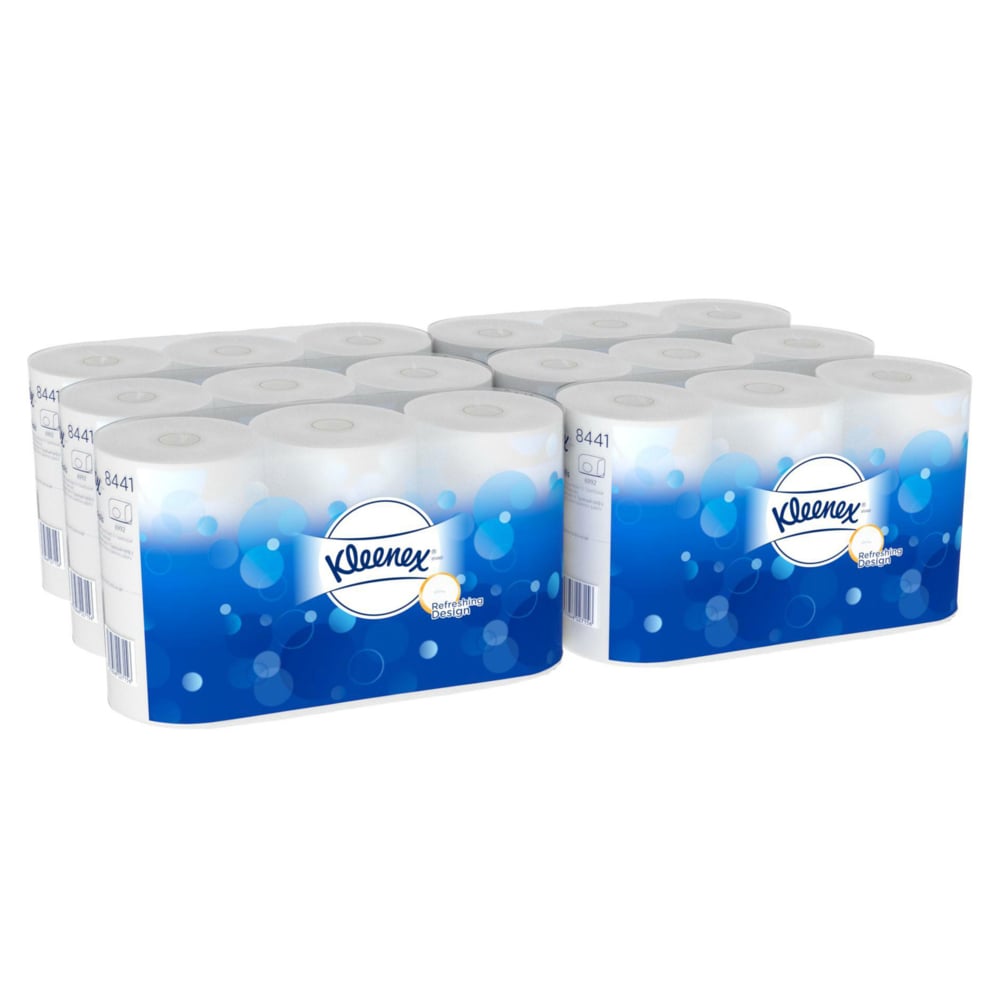 Le papier toilette Kleenex® de Kimberly-Clark GmbH contient 6 paquets de 6 rouleaux blancs chacun (600 feuilles par rouleau), soit un total de 36 rouleaux par carton. L'emballage bleu montre le logo Kleenex et des motifs de bulles d'air blanches.