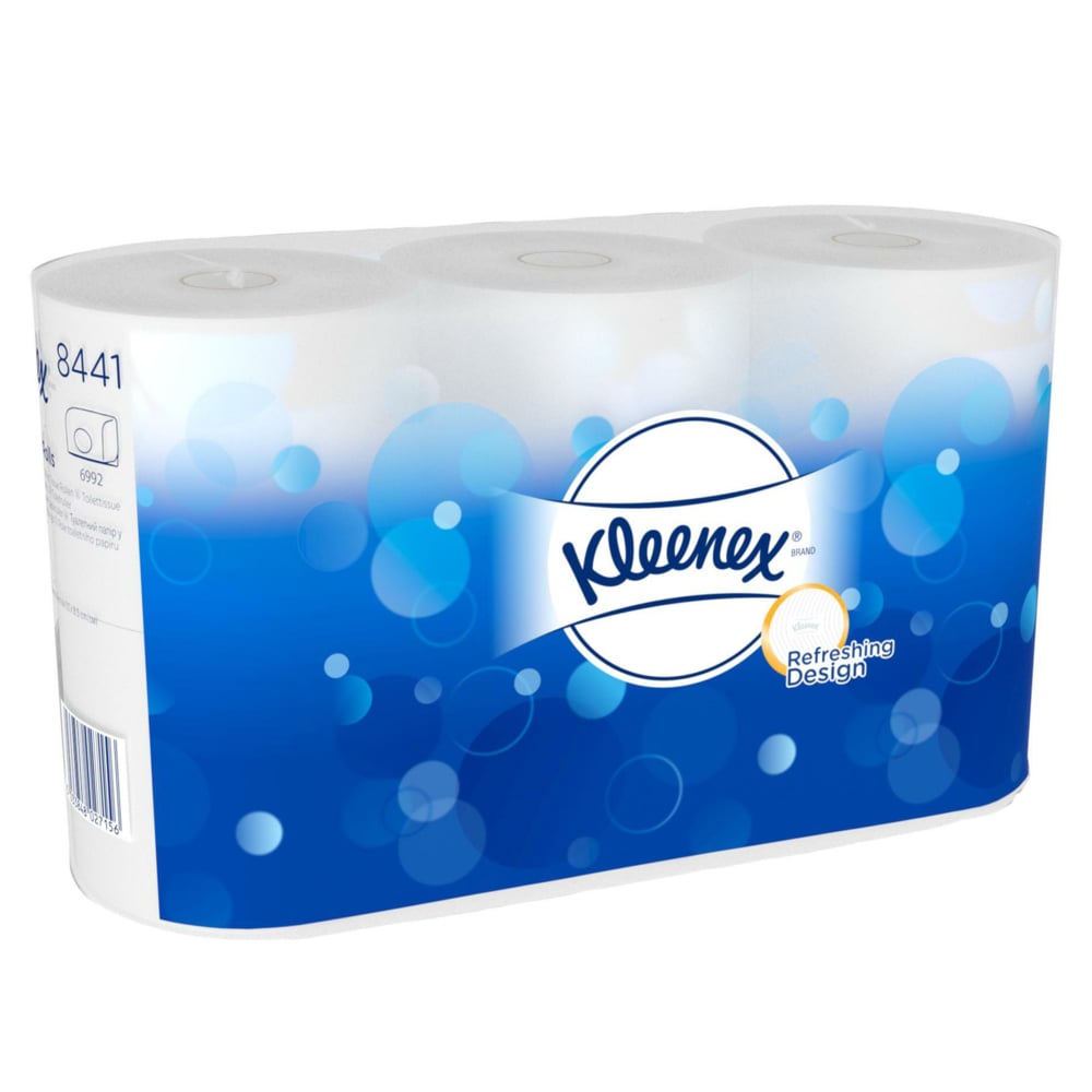 Papier toilette standard Kleenex® en blanc, 6 paquets x 6 petits rouleaux de 600 feuilles chacun par carton de Kimberly-Clark GmbH. Papier toilette doux et rafraîchissant au design blanc avec des bulles bleues et le logo Kleenex.