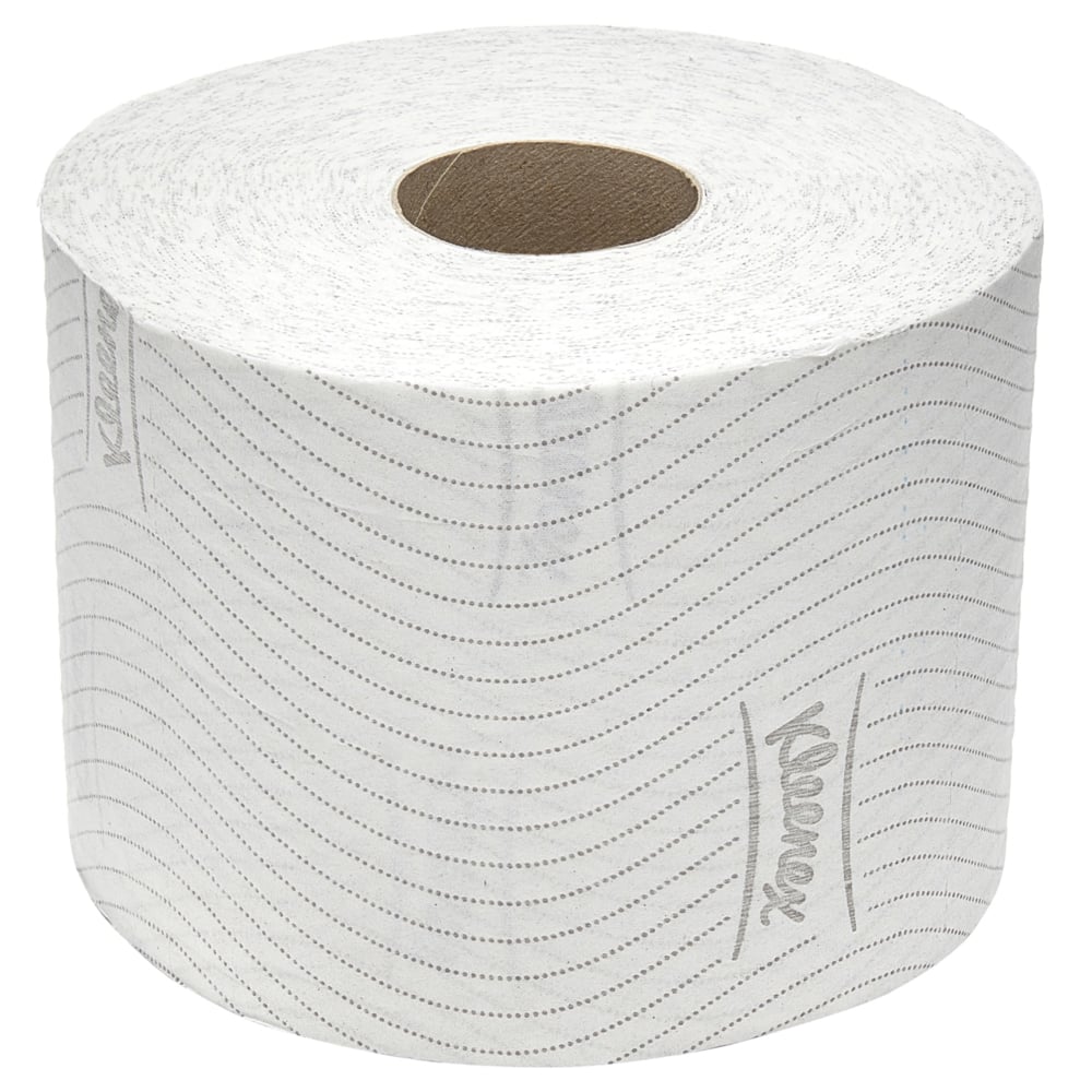Un paquet de papier toilette standard/blanc Kleenex® de Kimberly-Clark GmbH contient 6 paquets de 6 petits rouleaux chacun (600 feuilles/rouleau). Les rouleaux sont ornés d'un motif de lignes ondulées et d'un logo, représentés non utilisés sur un fond blanc uni.