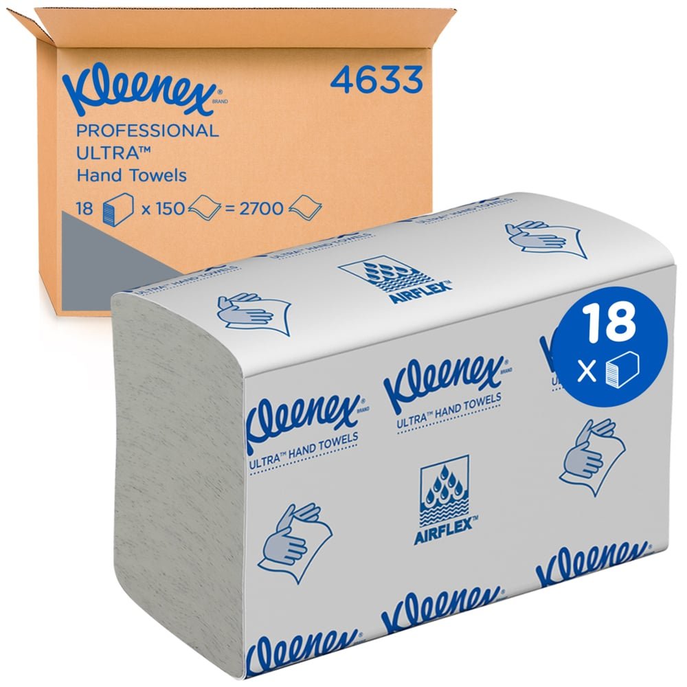 L'image montre un grand paquet de serviettes à main Kleenex® Ultra™ MultiFold en blanc, petit, 18 paquets x 150 feuilles de Kimberly-Clark GmbH : un paquet emballé devant un carton avec les détails du produit et les spécifications des serviettes en papier MultiFold.