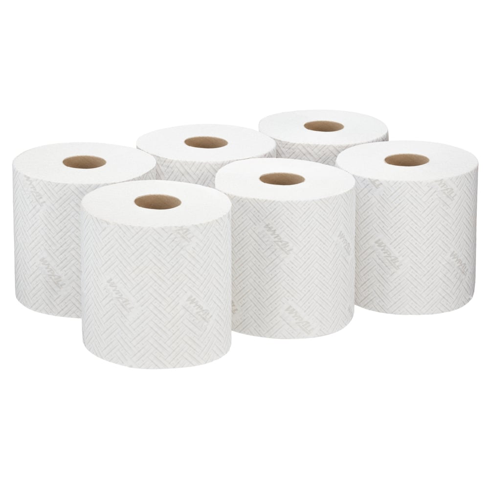 Six rouleaux de papier essuie-tout WypAll® L10 de Kimberly-Clark GmbH (38,00 cm x 18,30 cm) sont disposés en deux rangées de trois, idéaux pour le nettoyage dans les services et le commerce de détail ou comme papier essuie-tout dans un distributeur Centrefeed.