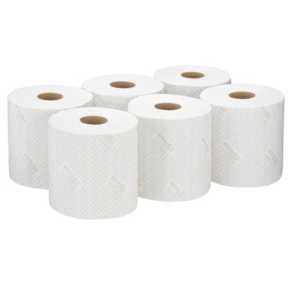 Six rouleaux de papier essuie-tout WypAll® L10 de Kimberly-Clark GmbH (38,00 cm x 18,30 cm) sont disposés en deux rangées de trois, idéaux pour le nettoyage dans les services et le commerce de détail ou comme papier essuie-tout dans un distributeur Centrefeed.
