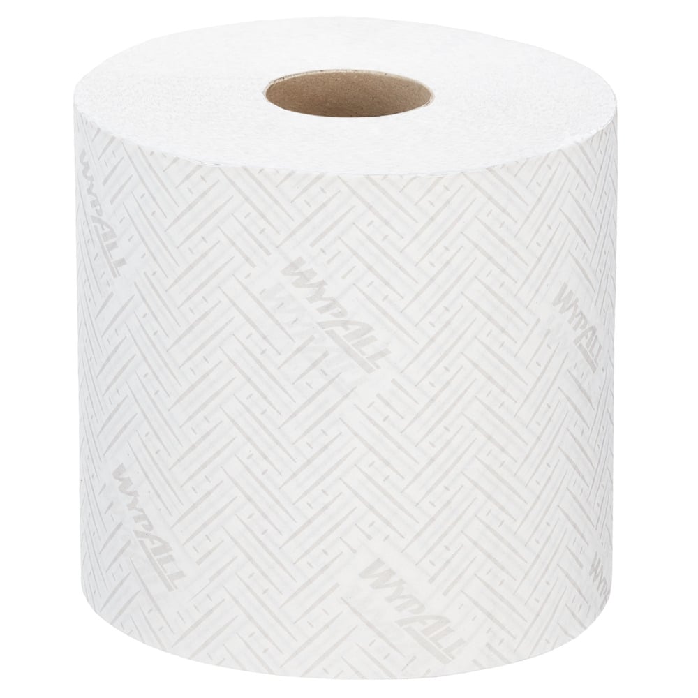 Un seul rouleau de papier essuie-tout WypAll® L10 de Kimberly-Clark GmbH au format 38,00 cm x 18,30 cm pour les distributeurs Centrefeed for Reach+™ est debout sur un fond blanc simple.