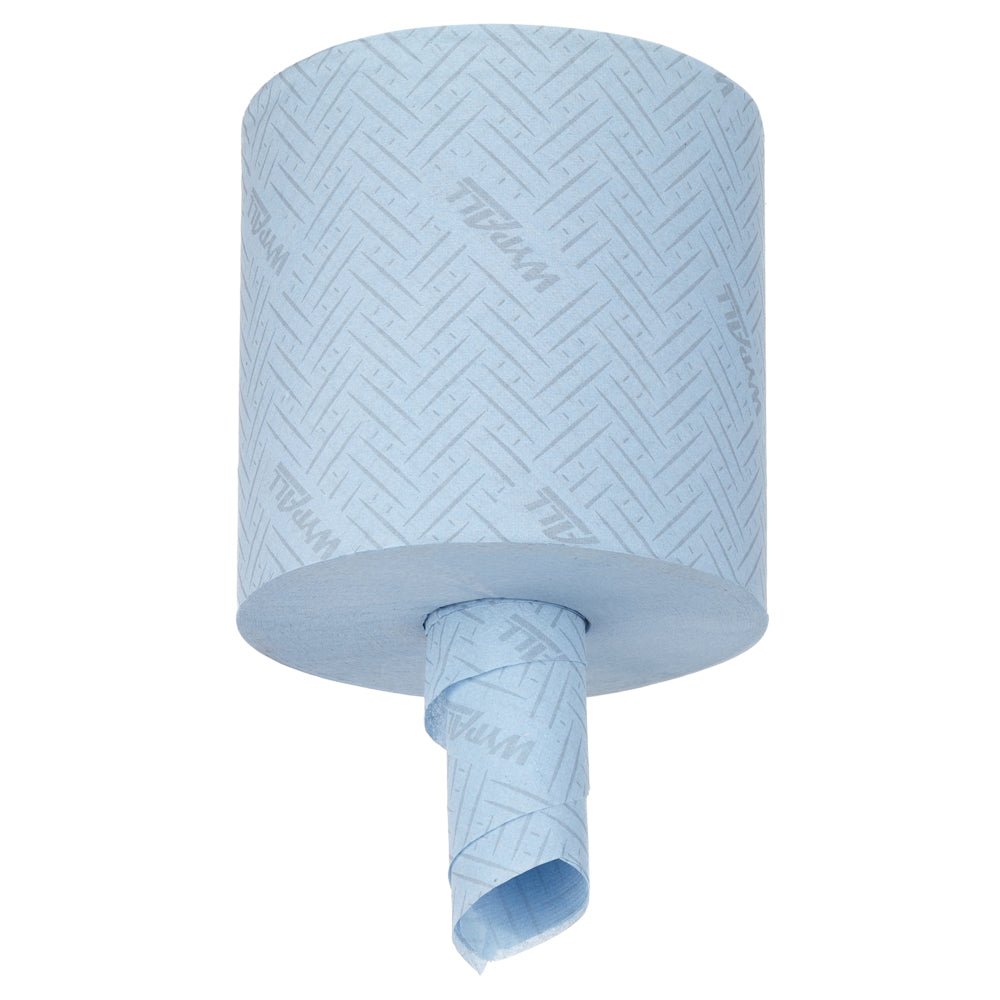 Un grand essuie-tout bleu WypAll® L10 de Kimberly-Clark GmbH, 38,00 cm x 18,30 cm, avec un motif texturé et une extrémité lâche, idéal comme Centrefeed pour Reach+™ dans les applications de nettoyage des services et du commerce de détail.