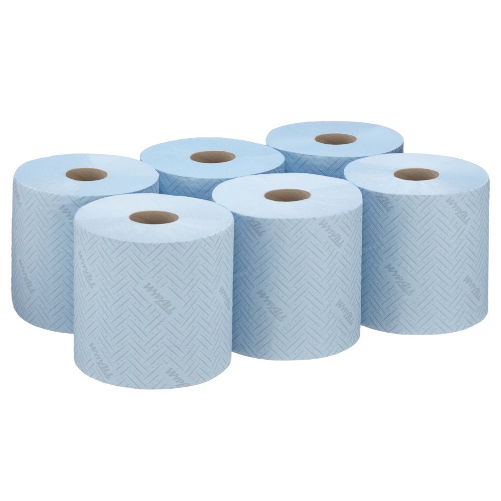 Six rouleaux de papier essuie-tout WypAll® L10 (38,00 x 18,30 cm) de Kimberly-Clark GmbH sont illustrés en deux rangées sur un fond blanc, parfaits pour les systèmes de distributeurs Centerfeed dans les services et le commerce de détail.