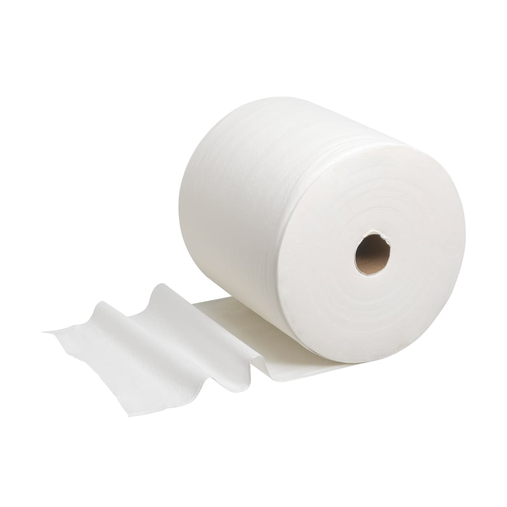 Un rouleau de grande taille de lingettes WypAll® L40 en blanc (1 rouleau x 875 lingettes) de Kimberly-Clark GmbH est partiellement déroulé sur un fond blanc - idéal pour un nettoyage industriel efficace.