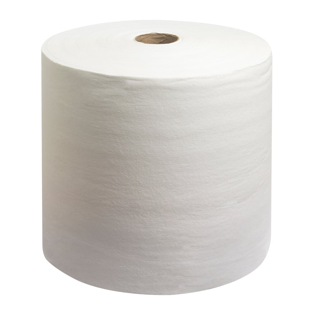 Un rouleau de grande taille de lingettes WypAll® L40 de Kimberly-Clark GmbH (1 rouleau, 875 lingettes, blanc) se tient debout sur un fond blanc et montre le noyau en carton au centre.