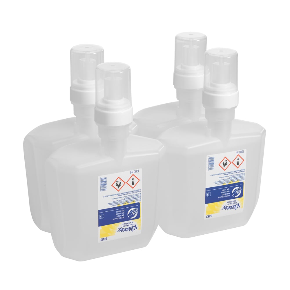 Quatre cartouches transparentes de 1,2 litre Kleenex® Extra Gel Désinfectant pour les mains de Kimberly-Clark GmbH, chacune avec des étiquettes claires, des symboles de danger et des accents bleu-jaune - idéal pour l'hygiène des mains dans les zones très fréquentées (4 cartouches par boîte).