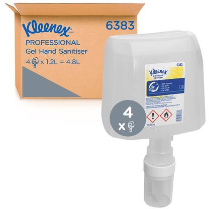 Une boîte portant l'inscription "Kleenex® Extra Gel Désinfectant pour les mains" de Kimberly-Clark GmbH contient 4 cartouches électroniques transparentes de 1,2 litre pour l'hygiène des mains ; chaque cartouche contient sur l'étiquette des informations d'utilisation et de sécurité.