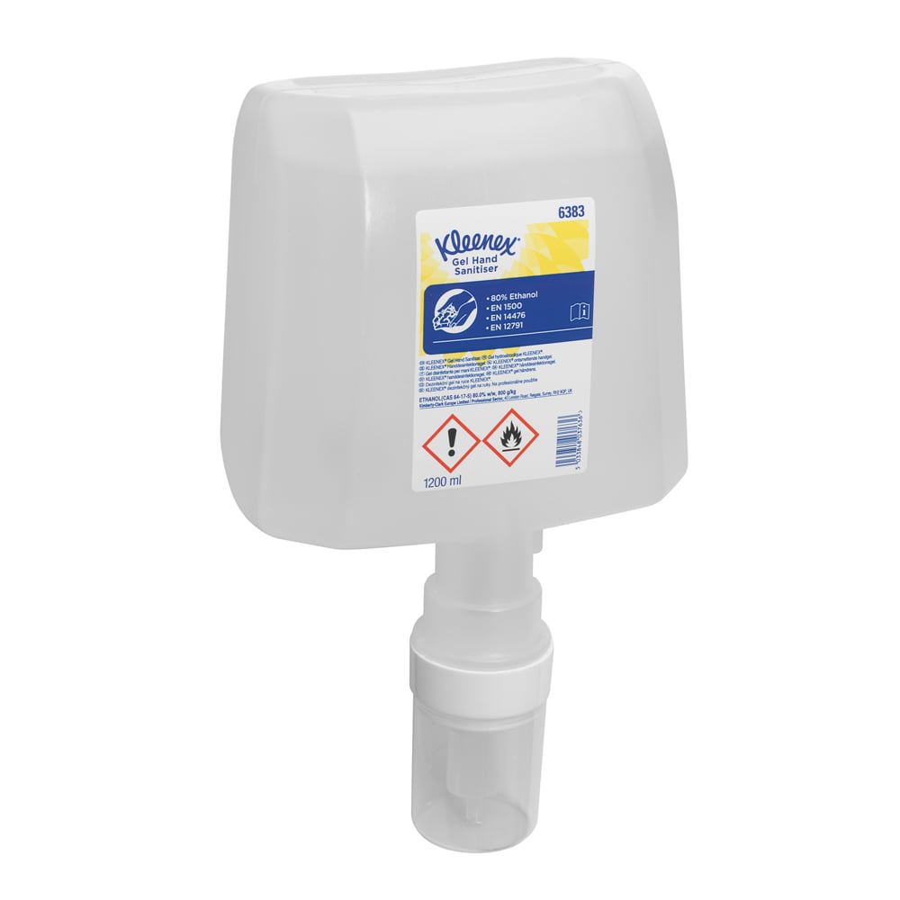 Le Kleenex® Extra Gel Désinfectant pour les mains de Kimberly-Clark GmbH est livré dans une cartouche transparente de 1,2 litre pour distributeurs électroniques ; la bouteille blanche est munie d'une étiquette de danger bleu-jaune indiquant le contenu inflammable. La boîte contient 4 cartouches.