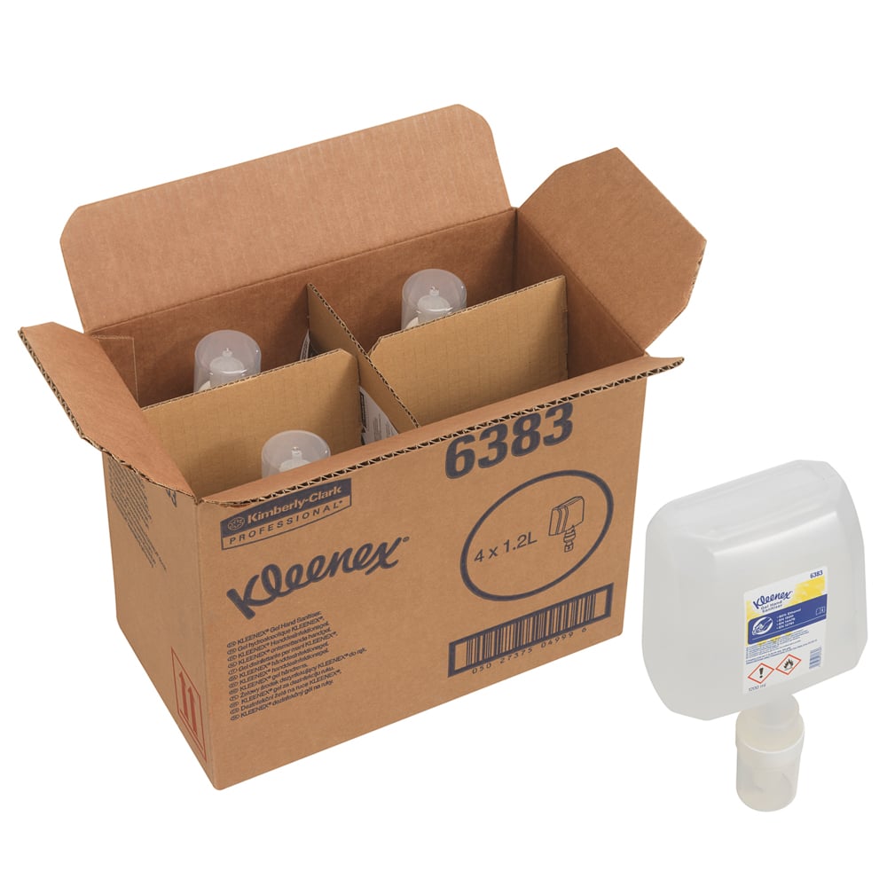 Une boîte brune de Kimberly-Clark GmbH portant l'inscription "Kleenex® Extra Gel Désinfectant pour les mains 6383" contient quatre cartouches électroniques transparentes de 1,2 litre pour l'hygiène des mains ; l'une d'elles montre une buse blanche et une étiquette bleu-jaune à l'extérieur de la boîte.