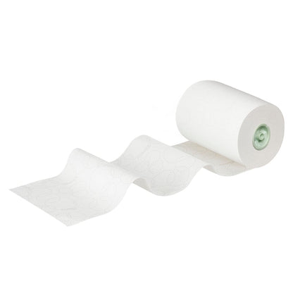 Un rouleau d'essuie-mains Kleenex® E-roll Slimroll™, 1 épaisseur, blanc, de Kimberly-Clark GmbH, est illustré avec quelques feuilles déroulées pour montrer le motif subtil. Chaque carton contient six rouleaux de 135 m (6 rouleaux), illustrés sur un fond blanc.