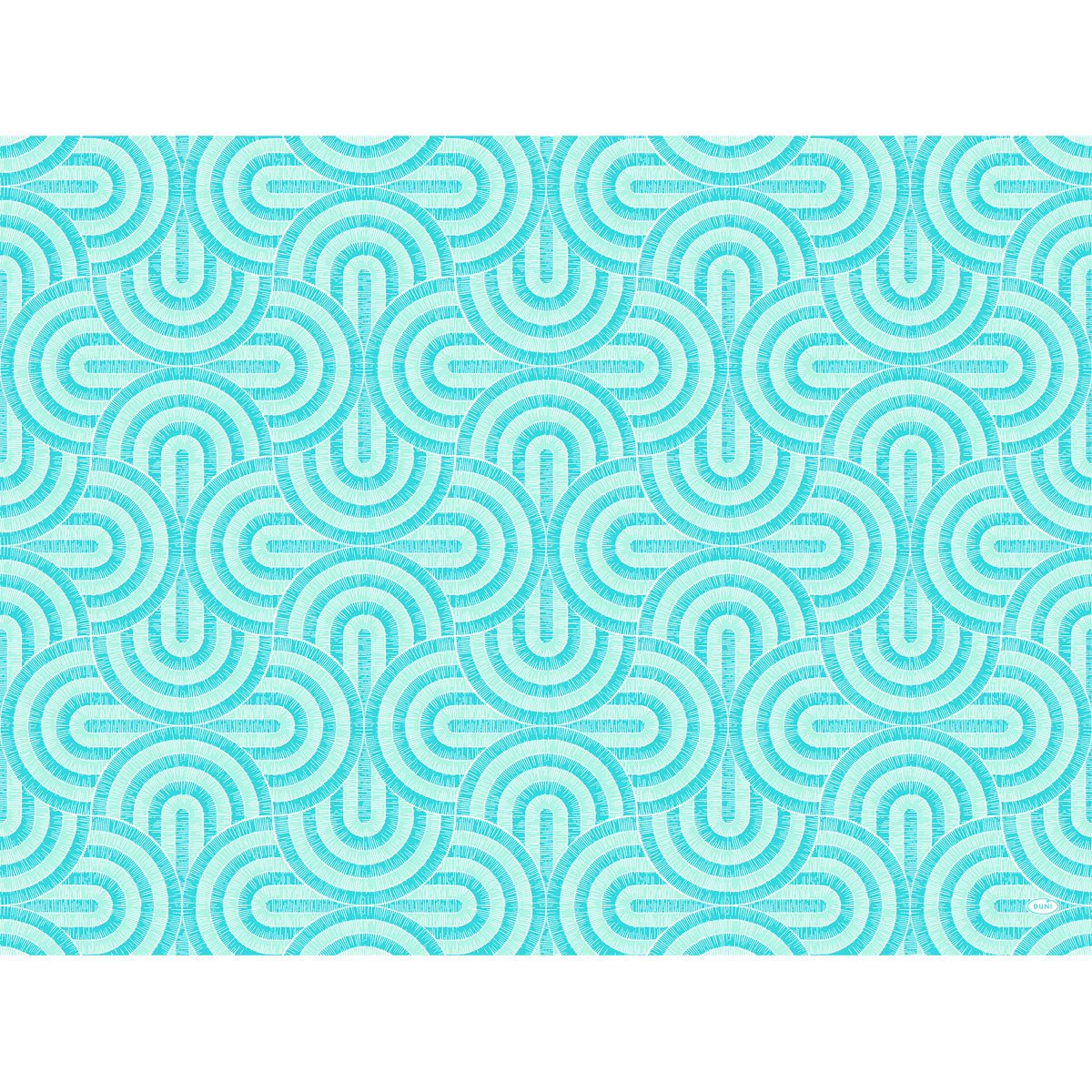Motif géométrique symétrique composé de demi-cercles turquoise et bleu clair qui se chevauchent sur fond blanc, formant un motif répétitif et moderne – idéal pour les sets Dunicel 30 x 40 de Duni GmbH.