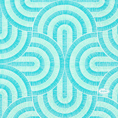 Un motif géométrique composé d'arcs en demi-cercle turquoise et bleu clair qui se superposent, entrecoupés de lignes en treillis, orne la serviette de la société Duni GmbH, 24x24 3lg 1/4 ; le mot « DUNI » apparaît dans un petit ovale situé dans le coin inférieur droit.