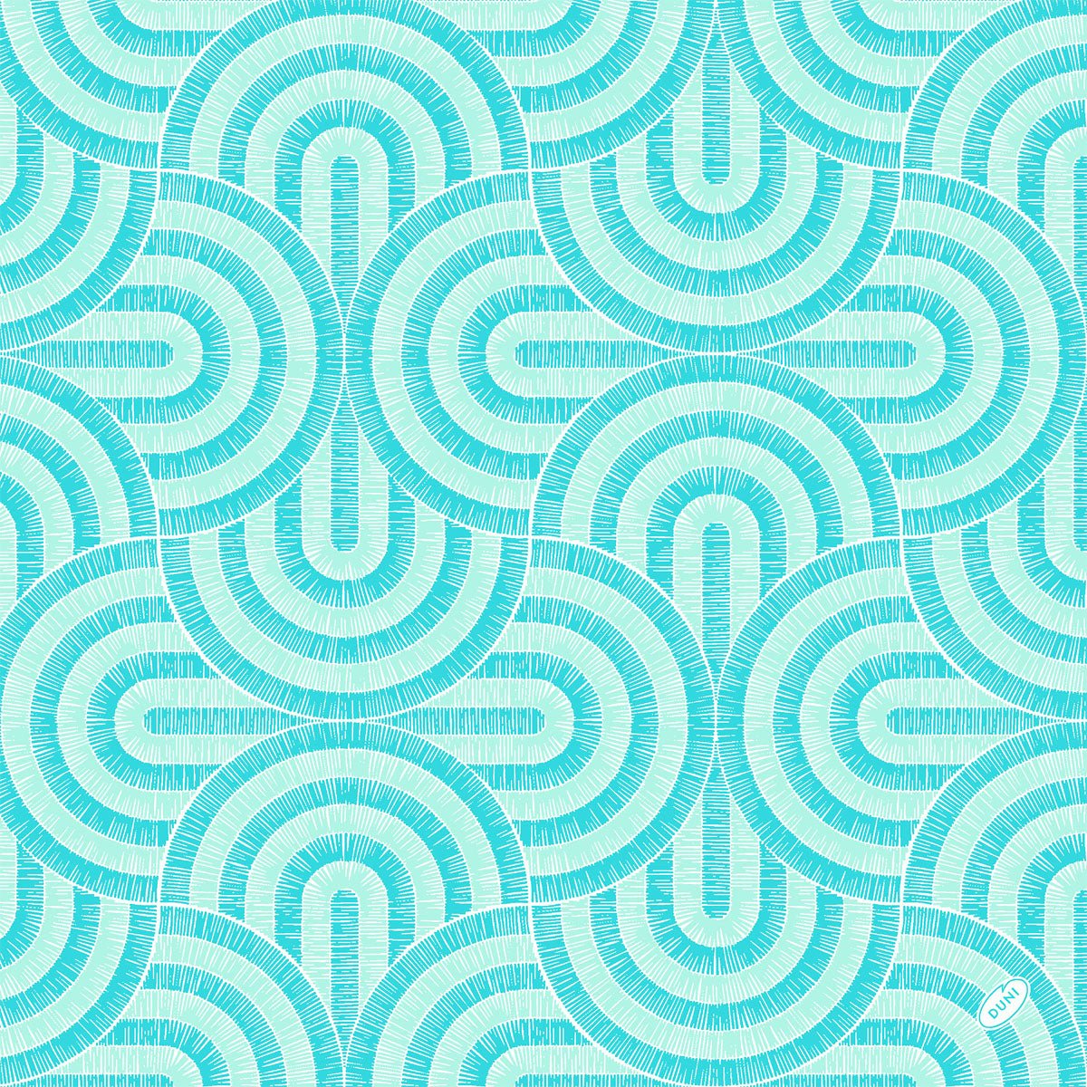 Un motif géométrique sans couture de demi-cercles bleu sarcelle et blancs qui se chevauchent avec de fines lignes rayonnantes, idéal pour les serviettes Dunisoft 40x40cm de Duni GmbH.