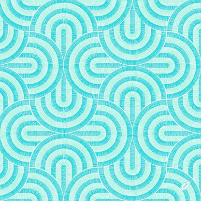 Un motif géométrique sans couture de demi-cercles bleu sarcelle et blancs qui se chevauchent avec de fines lignes rayonnantes, idéal pour les serviettes Dunisoft 40x40cm de Duni GmbH.