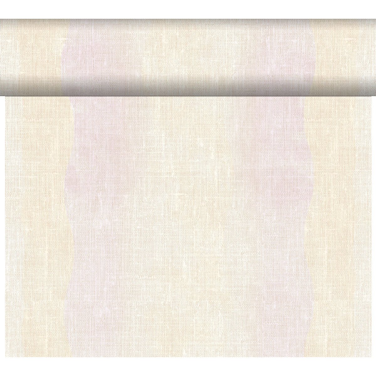 Un rouleau de chemin de table Dunicel Tête-à-Tête de Duni GmbH (24 m x 0,4 m, 20 sections) en beige clair est partiellement déroulé pour montrer sa structure tissée élégante comme décoration de table stylée devant un fond blanc simple.