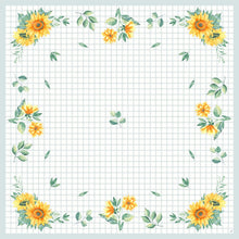 Le Dunicel-Mitteld.84x84 Sunflower day 20P. de Duni GmbH a un fond en forme de grille avec des tournesols jaunes et des feuilles vertes sur le bord, ajoutant une touche festive à votre table. L'emballage contient 20 serviettes décoratives.